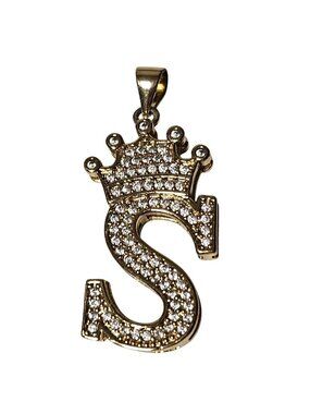 Elegant Stylish S Initial Crown Pendant Charm Cubic Zirconia Gold Tone Jewelry